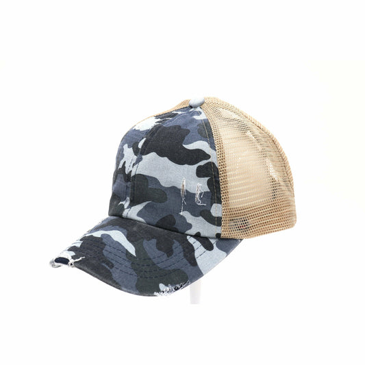 Distressed Camouflage Criss-Cross High Ponytail CC Ball Cap