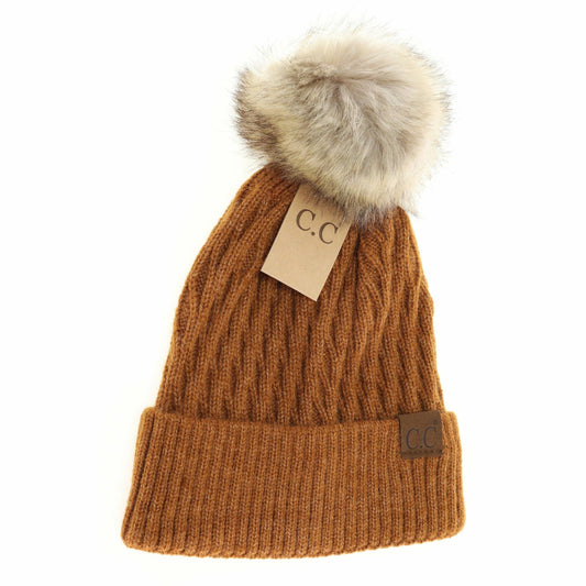Solid Honey Comb Fur Pom C.C Beanie