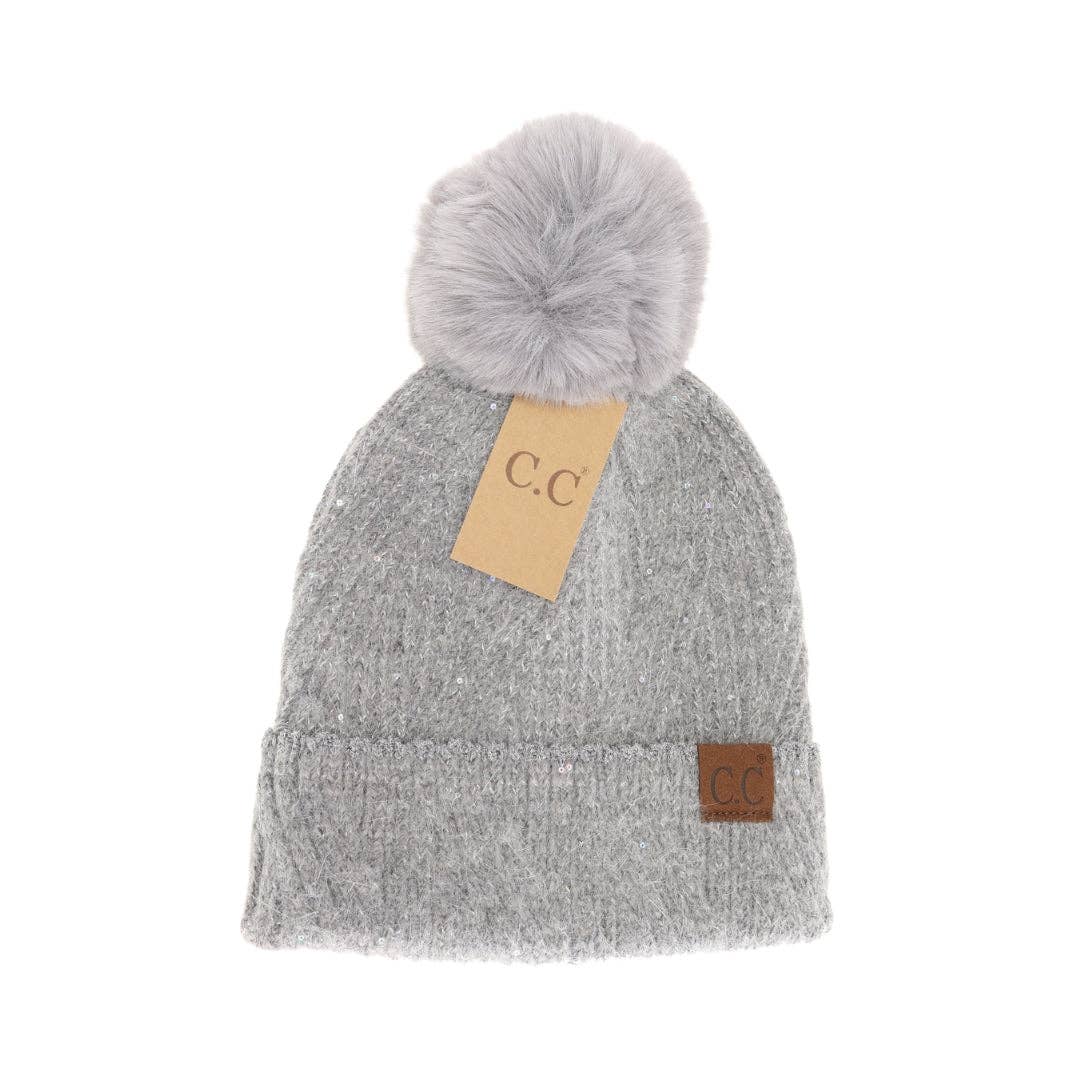 Sequin Faux Fur Pom C.C Beanie