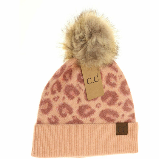 Leopard Pattern Faux Fur Pom Beanie